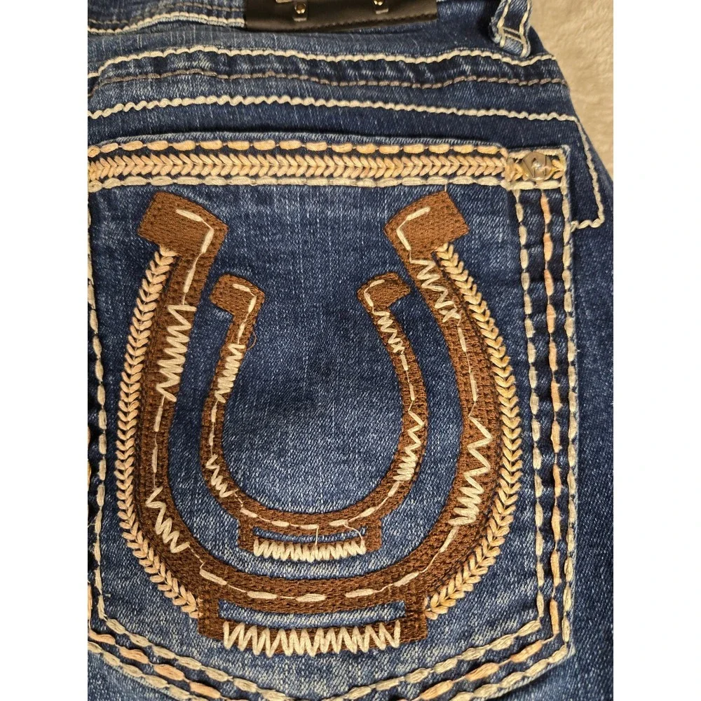 Western Bull Mens Straight Fit Jeans Dark Wash Horseshoe Embroidery 36x30 Blue